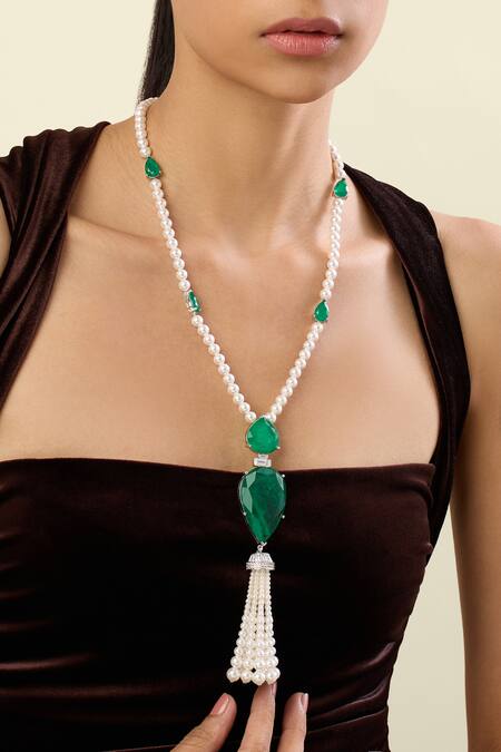 Shop_Isharya_Green Esme Emerald Tassel Pendant Necklace _Online_at_Aza_Fashions