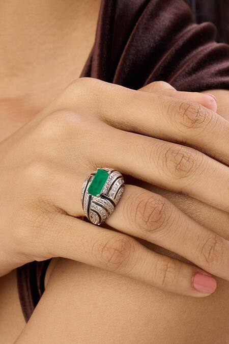 Shop_Isharya_Silver Plated Crystals, Gemstones Leda Embellished Ring _Online_at_Aza_Fashions