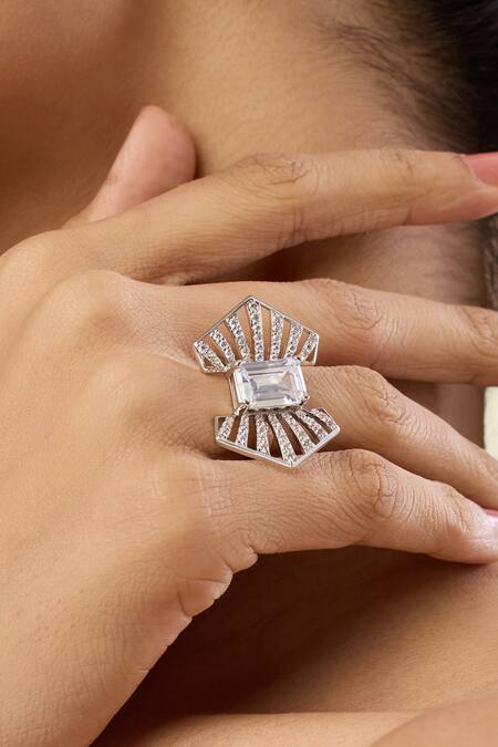 Shop_Isharya_Silver Plated Crystals Monroe Stone Embellished Ring _Online_at_Aza_Fashions