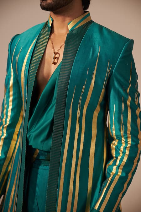 Jyoti Sachdev Iyer_Teal Chanderi, Modal, Cotton, Satin Foil Striped Jacket And Dhoti Pant Set _Online_at_Aza_Fashions