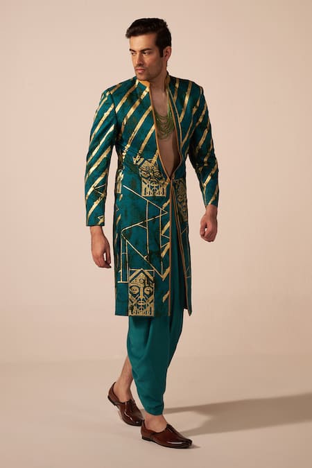 Buy_Jyoti Sachdev Iyer_Green Chanderi, Modal Foil Printing Metallic Sherwani Set _Online_at_Aza_Fashions