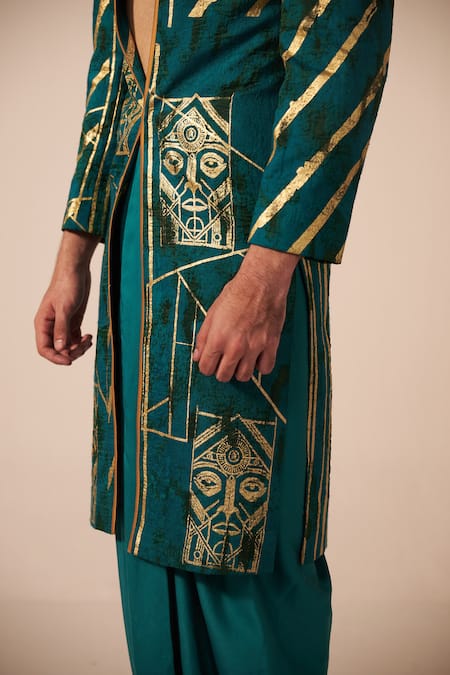 Shop_Jyoti Sachdev Iyer_Green Chanderi, Modal Foil Printing Metallic Sherwani Set _Online_at_Aza_Fashions
