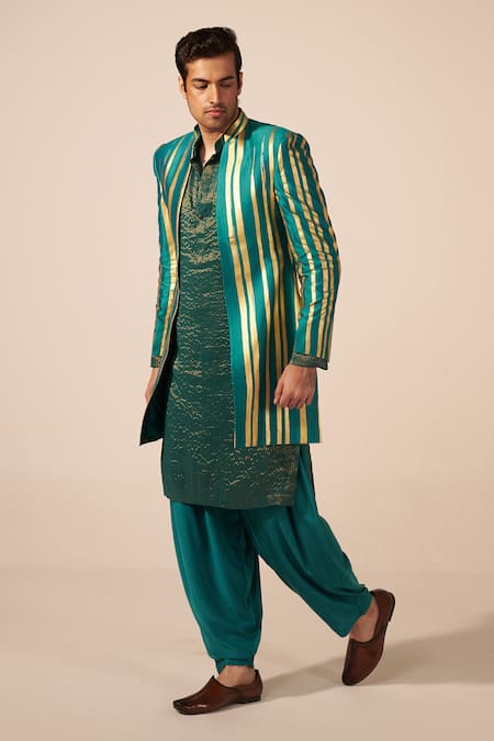 Jyoti Sachdev Iyer_Teal Chanderi Foil Printing Printed Jacket Kurta Set _Online_at_Aza_Fashions