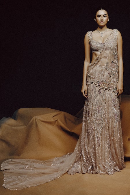 Dolly J_Silver Tulle, Net Embroidery, Dewdrop Mirage Pre-draped Saree Blouse Set _Online_at_Aza_Fashions