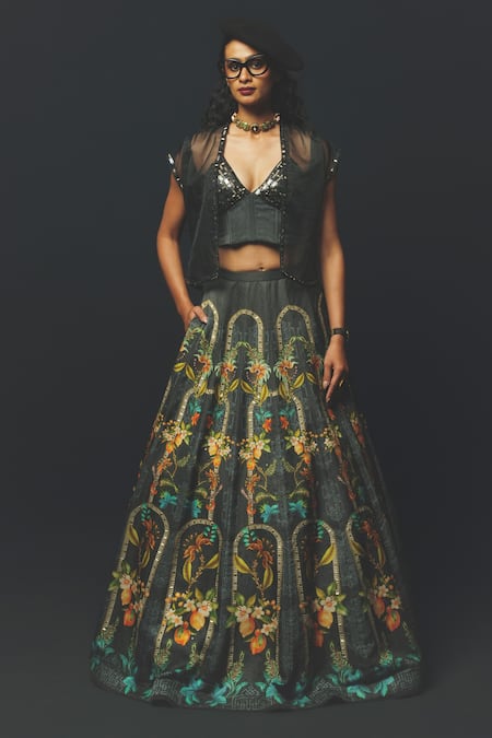 Basil Leaf Printed Lehenga & Cape Set  