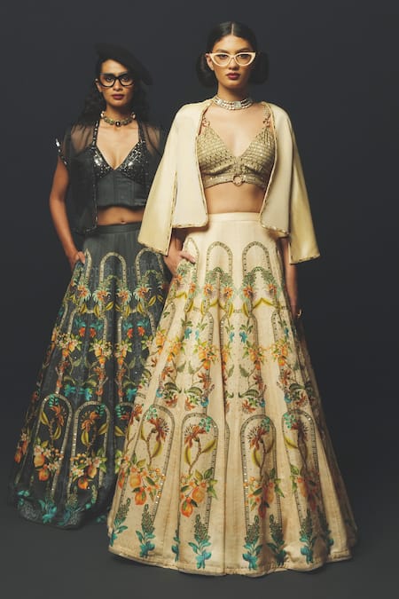Basil Leaf_Charcoal Linen, Satin Sequins, Embroidery V-neck Printed Lehenga And Cape Set  _Online_at_Aza_Fashions