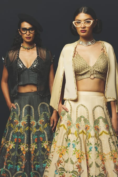 Shop_Basil Leaf_Charcoal Linen, Satin Sequins, Embroidery V-neck Printed Lehenga And Cape Set  _Online_at_Aza_Fashions