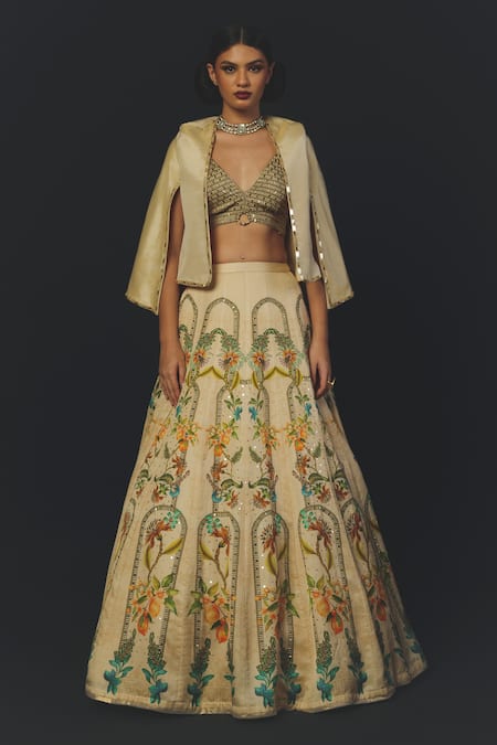 Basil Leaf_Beige Tussar, Linen, Satin, Tissue Sequins, Metallic Printed Lehenga Blouse Set _Online_at_Aza_Fashions