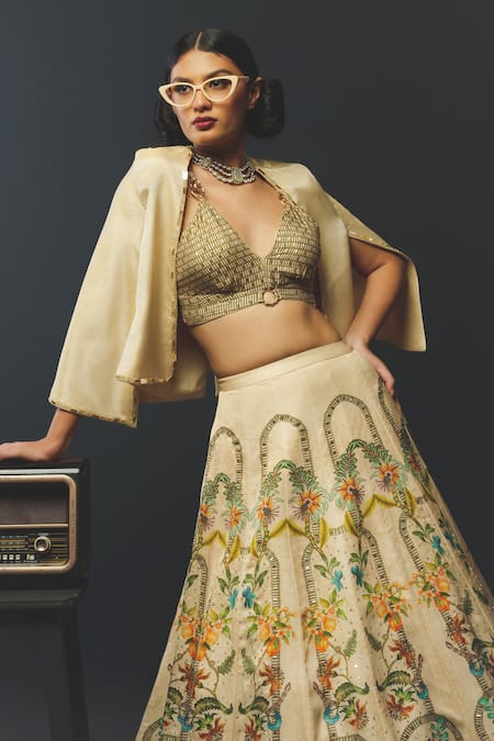 Buy_Basil Leaf_Beige Tussar, Linen, Satin, Tissue Sequins, Metallic Printed Lehenga Blouse Set _Online_at_Aza_Fashions