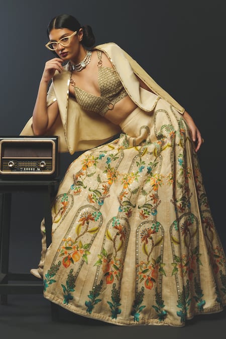 Shop_Basil Leaf_Beige Tussar, Linen, Satin, Tissue Sequins, Metallic Printed Lehenga Blouse Set _Online_at_Aza_Fashions