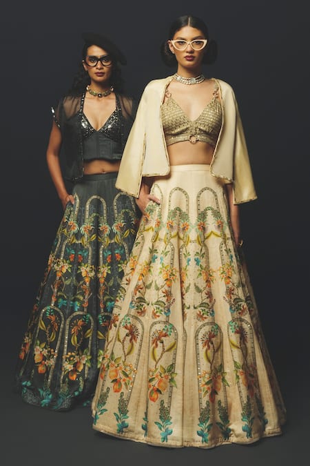 Basil Leaf_Beige Tussar, Linen, Satin, Tissue Sequins, Metallic Printed Lehenga Blouse Set _at_Aza_Fashions