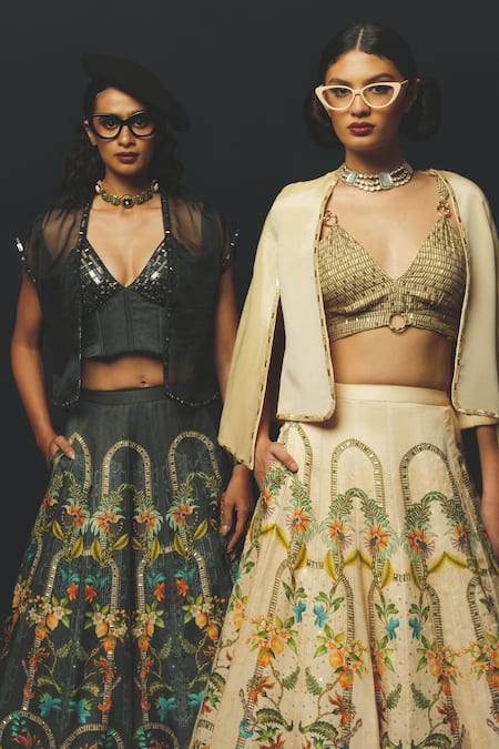 Buy_Basil Leaf_Beige Tussar, Linen, Satin, Tissue Sequins, Metallic Printed Lehenga Blouse Set 