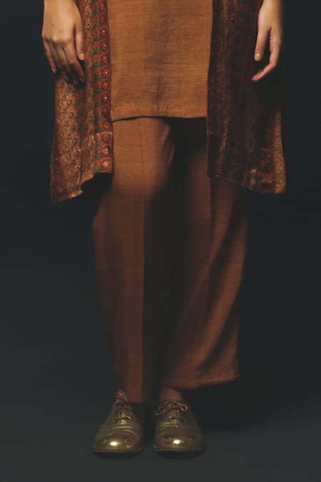 Basil Leaf_Brown Linen, Silk, Satin Round , Open Printed Cape And Kurta Set _Online_at_Aza_Fashions