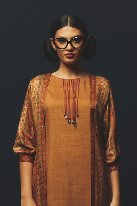Buy_Basil Leaf_Brown Linen, Silk, Satin Round , Open Printed Cape And Kurta Set _Online_at_Aza_Fashions