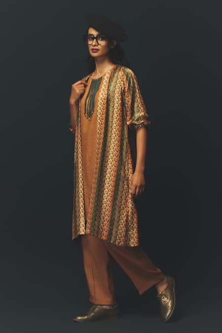 Basil Leaf_Beige Linen, Silk Round , Open Printed Cape Kurta Set _Online_at_Aza_Fashions