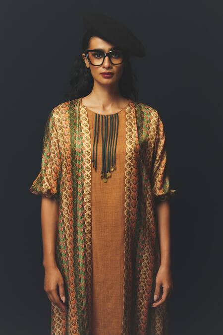 Buy_Basil Leaf_Beige Linen, Silk Round , Open Printed Cape Kurta Set _Online_at_Aza_Fashions