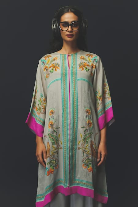 Buy_Basil Leaf_Grey Chiffon, Shantoon Embroidery Split V-neck Printed Kurta And Dhoti Pant Set _Online_at_Aza_Fashions