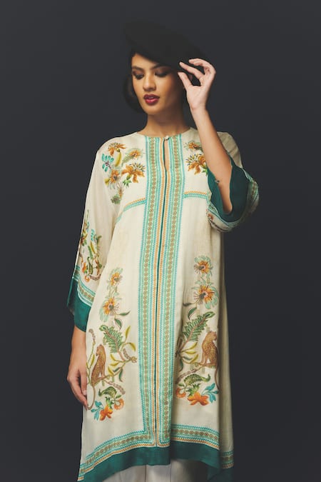 Basil Leaf_Beige Chiffon, Shantoon, Linen, Silk Round Neck Floral Print Kurta Set _Online_at_Aza_Fashions