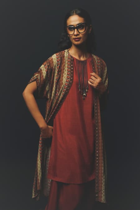 Basil Leaf_Rust Linen, Silk, Crepe Beads Round , Open Printed Cape Kurta Set _Online_at_Aza_Fashions