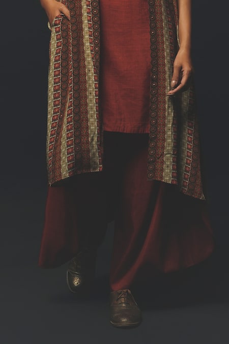 Buy_Basil Leaf_Rust Linen, Silk, Crepe Beads Round , Open Printed Cape Kurta Set _Online_at_Aza_Fashions