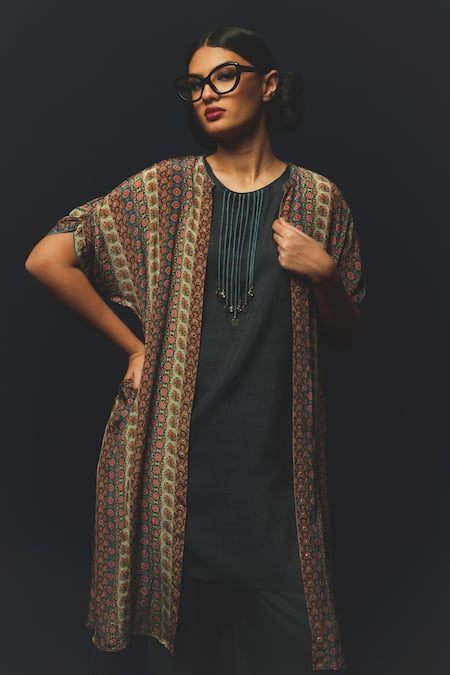 Basil Leaf_Grey Linen, Silk, Crepe Beads Round , Open Printed Cape Kurta Set _Online_at_Aza_Fashions