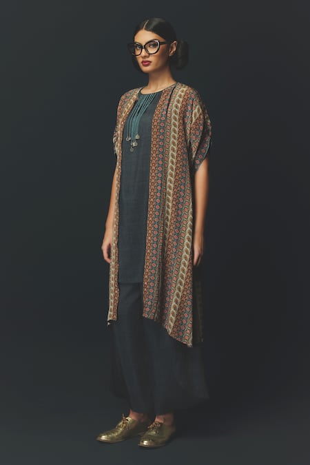 Buy_Basil Leaf_Grey Linen, Silk, Crepe Beads Round , Open Printed Cape Kurta Set _Online_at_Aza_Fashions