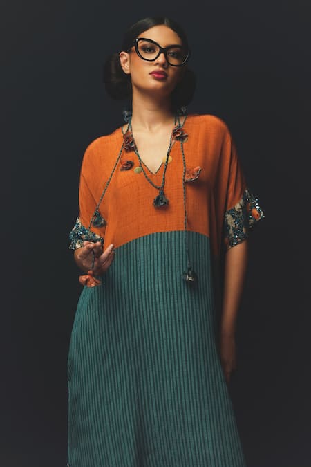 Basil Leaf_Orange Crepe V-neck Color Block Striped Kurta And Dhoti Pant Set _Online_at_Aza_Fashions