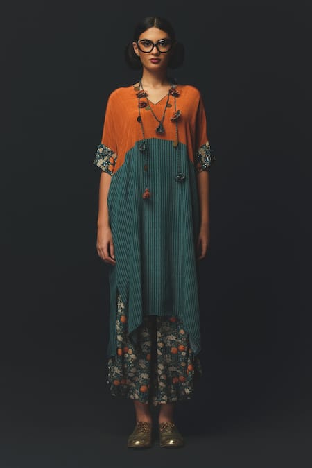 Basil Leaf Color Block Striped Kurta & Dhoti Pant Set 