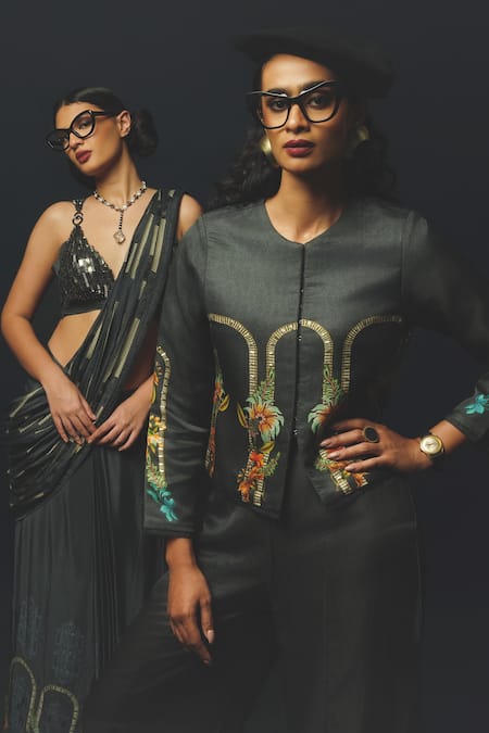 Basil Leaf_Grey Linen, Satin Embroidery, Metallic Thread Round Floral Motif Top And Pant Set _Online_at_Aza_Fashions