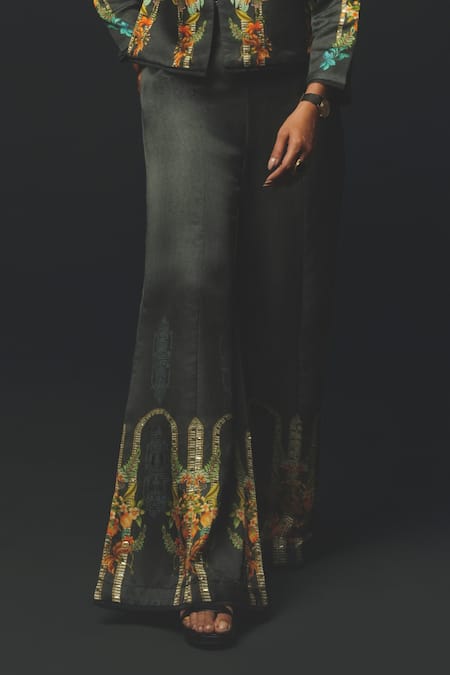 Shop_Basil Leaf_Grey Linen, Satin Embroidery, Metallic Thread Round Floral Motif Top And Pant Set _Online_at_Aza_Fashions