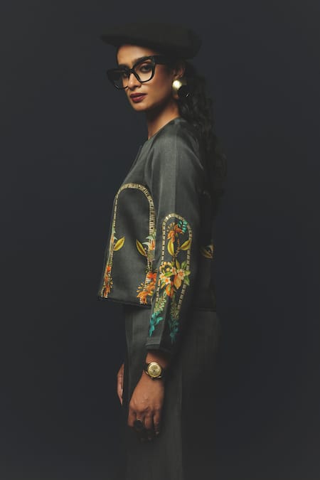 Basil Leaf_Grey Linen, Satin Embroidery, Metallic Thread Round Floral Motif Top And Pant Set _at_Aza_Fashions