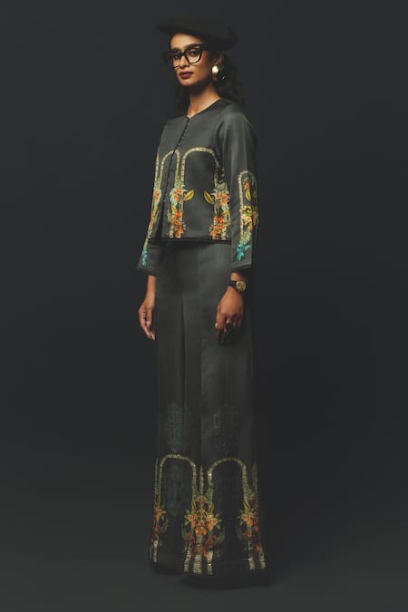Buy_Basil Leaf_Grey Linen, Satin Embroidery, Metallic Thread Round Floral Motif Top And Pant Set 