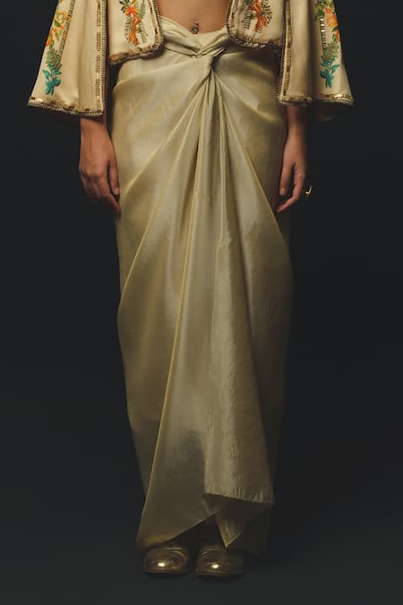 Shop_Basil Leaf_Gold Linen, Satin, Tissue Beads, Sequins V-neck, Floral Pattern Cape And Skirt Set _Online_at_Aza_Fashions