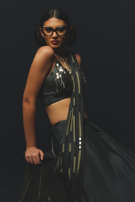 Basil Leaf_Grey Chiffon, Satin Embroidery, Embellished Pre-draped Saree And Blouse Set _Online_at_Aza_Fashions