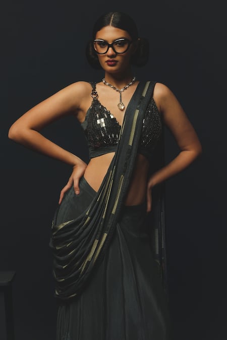Buy_Basil Leaf_Grey Chiffon, Satin Embroidery, Embellished Pre-draped Saree And Blouse Set _Online_at_Aza_Fashions
