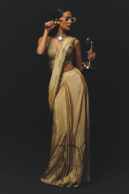 Basil Leaf_Beige Tussar, Tissue Sequins, Beads, Printed Pre-draped Saree And Blouse Set _Online_at_Aza_Fashions