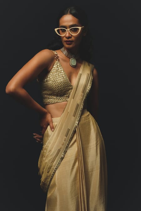 Buy_Basil Leaf_Beige Tussar, Tissue Sequins, Beads, Printed Pre-draped Saree And Blouse Set _Online_at_Aza_Fashions