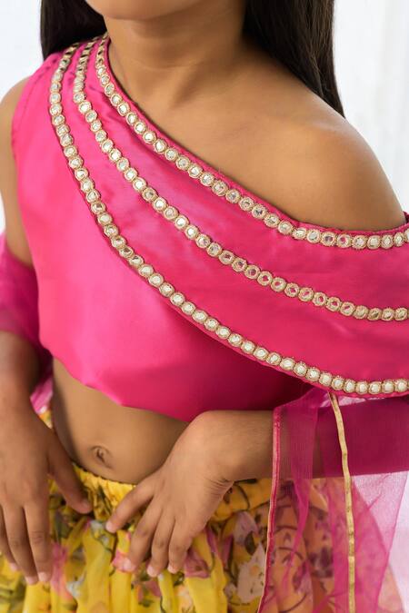 Buy_Fairies Forever_Pink Silk, Organza Mirrors, Beads, Foil Printing, Gota Patti Printed Lehenga Set _Online_at_Aza_Fashions