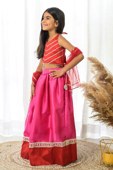 Fairies Forever Red Silk, Net Embroidery, Metallic Thread, Gota Patti, Piping, Lehenga Set Online at Aza Fashions Fairies Forever_Red Silk, Net Embroidery, Metallic Thread, Gota Patti, Piping, Lehenga Set _Online_at_Aza_Fashions