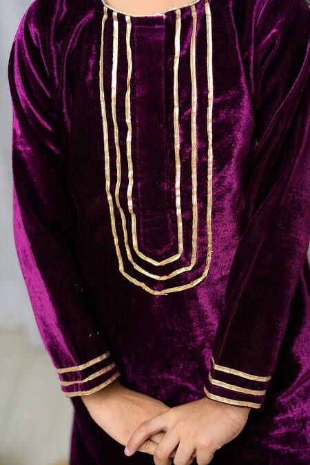 Shop_Fairies Forever_Purple Velvet Embroidery, Zari, Metallic Thread Kurta And Pant Set _Online_at_Aza_Fashions