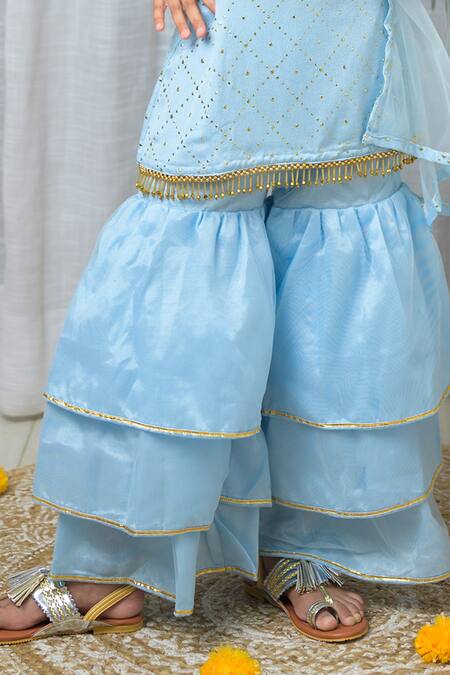 Fairies Forever_Blue Satin Beads, Tassels, Piping, Sequins Embroidered Kurta Sharara Set _Online_at_Aza_Fashions