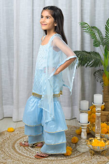 Buy_Fairies Forever_Blue Satin Beads, Tassels, Piping, Sequins Embroidered Kurta Sharara Set _Online_at_Aza_Fashions