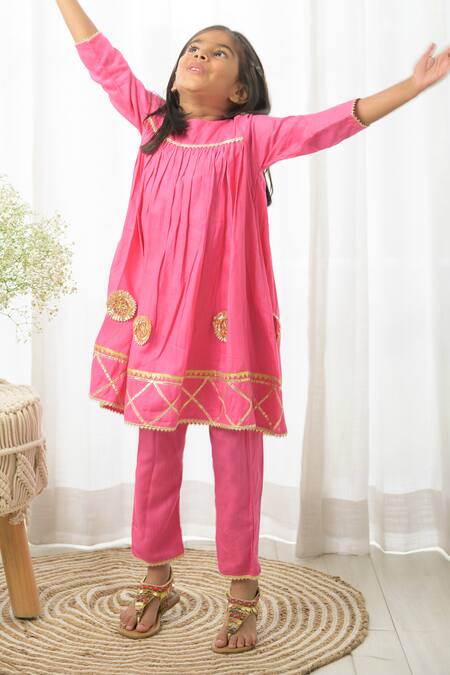 Fairies Forever Pink Cotton Gota Patti, Embroidery Work Flared Kurta Set Online at Aza Fashions Fairies Forever_Pink Cotton Gota Patti, Embroidery Work Flared Kurta Set _Online_at_Aza_Fashions