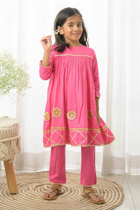 Buy Fairies Forever Pink Cotton Gota Patti, Embroidery Work Flared Kurta Set Online at Aza Fashions Buy_Fairies Forever_Pink Cotton Gota Patti, Embroidery Work Flared Kurta Set _Online_at_Aza_Fashions
