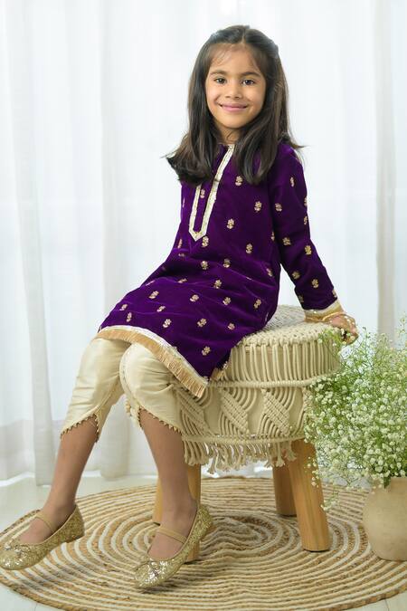 Fairies Forever_Purple Velvet Embroidery, Sequins Embellished Kurta With Dhoti Pant _at_Aza_Fashions