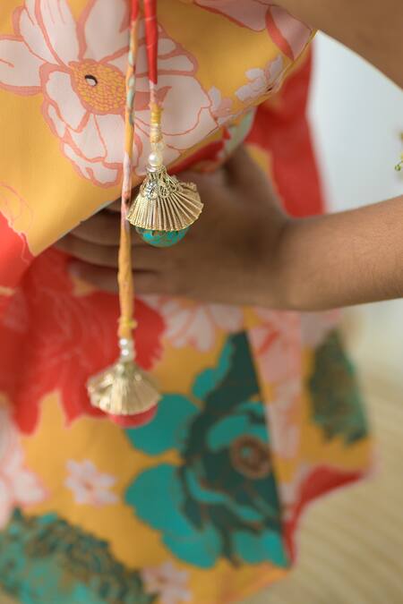 Buy_Fairies Forever_Yellow Modal, Satin Tassels Floral Print Kurta With Dhoti Pant _Online_at_Aza_Fashions