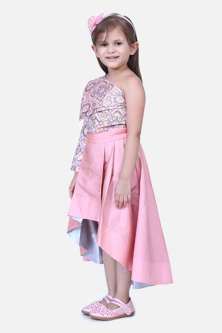 Fairies Forever_Pink Organza Geometric Pattern Top With Skirt _Online_at_Aza_Fashions