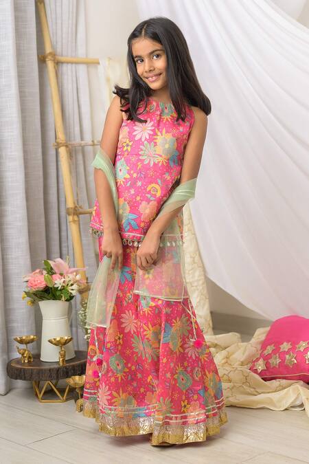 Shop_Fairies Forever_Pink Silk, Organza Mirrors, Gota Patti, Pom-poms Abstract Print Kurta Set _Online_at_Aza_Fashions