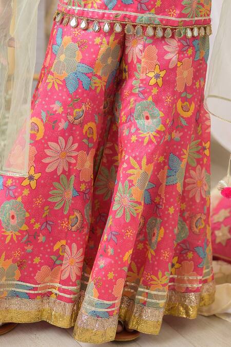 Fairies Forever_Pink Silk, Organza Mirrors, Gota Patti, Pom-poms Abstract Print Kurta Set _at_Aza_Fashions
