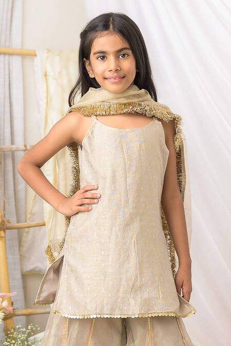 Fairies Forever_Beige Tissue Embroidery, Sequins, Fringe, Zari Kurta Set _Online_at_Aza_Fashions
